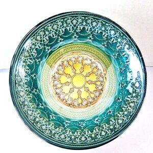Turkish Topkapi Boho Glass Decorative Art Bowl 8"X 2 3/4" Green And Gold